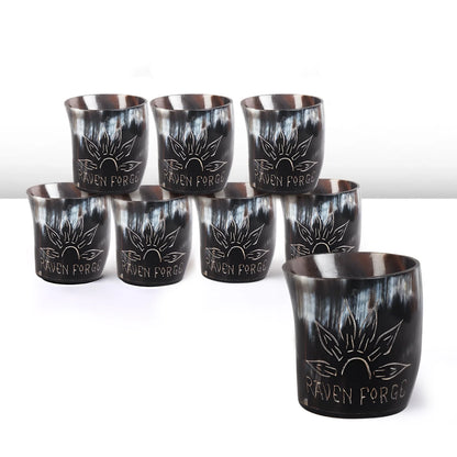 Whiskey Shot Cups Set Sunburst Pattern Real Ox Horn 6.5 oz, Pack 4, 8 &amp; 12