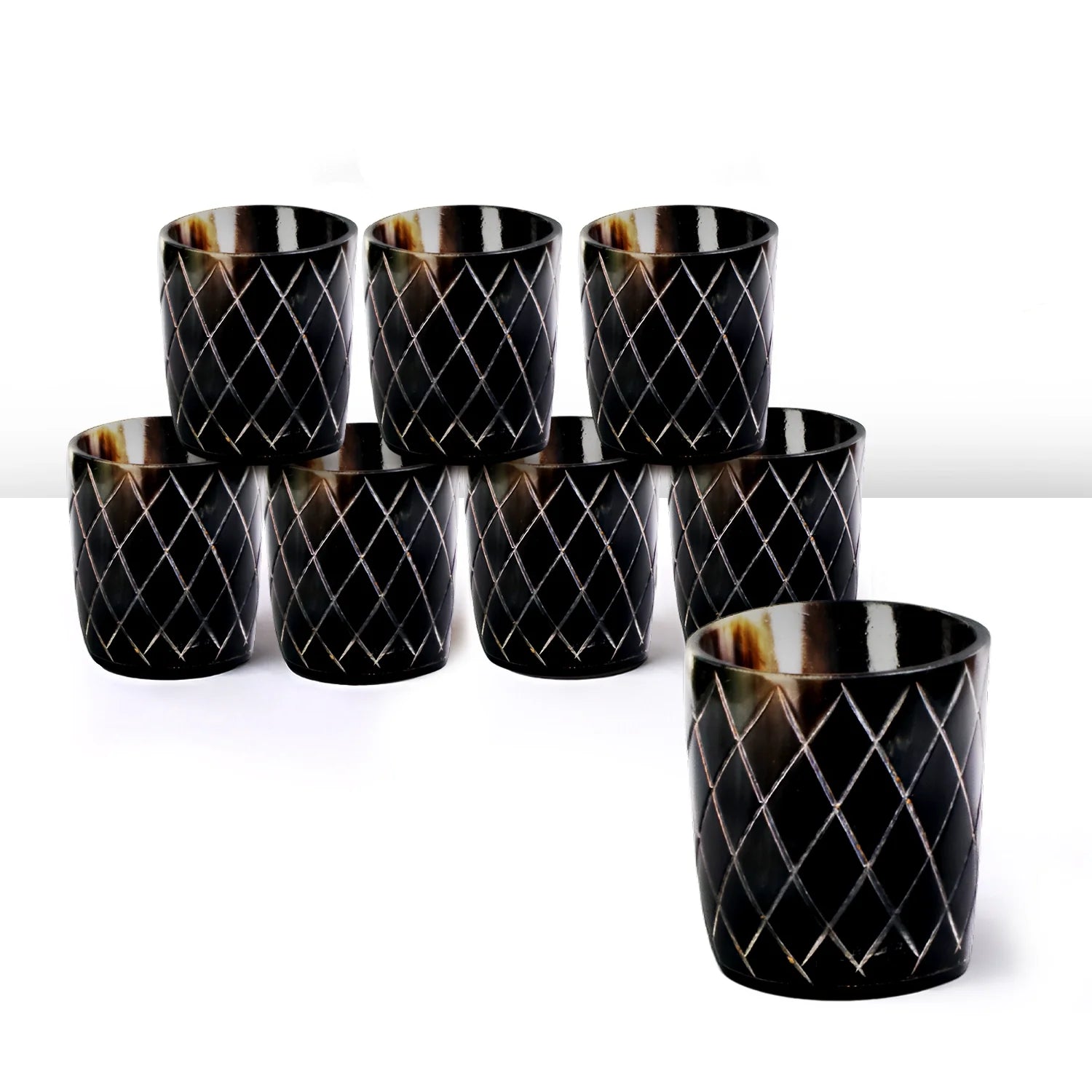 Whiskey Shot Cups Set Crisscross Pattern Real Ox Horn 6.5 oz, Pack 4, 8 &amp; 12