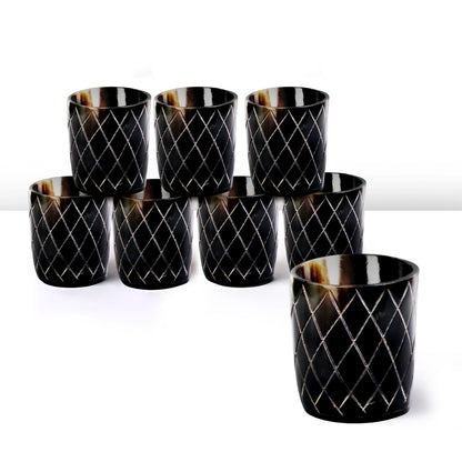 Whiskey Shot Cups Set Crisscross Pattern Real Ox Horn 6.5 oz, Pack 4, 8 &amp; 12