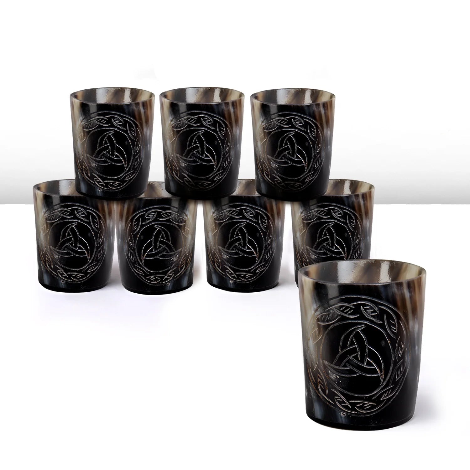 Whiskey Shot Cups Set Eternal Pattern Real Ox Horn 6.5 oz, Pack 4, 8 &amp; 12