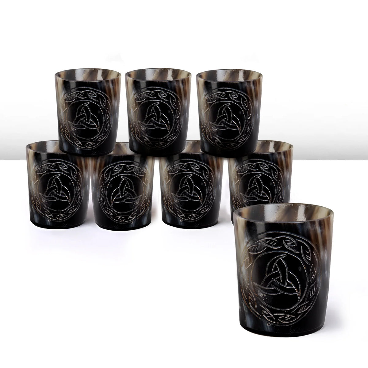 Whiskey Shot Cups Set Eternal Pattern Real Ox Horn 6.5 oz, Pack 4, 8 &amp; 12