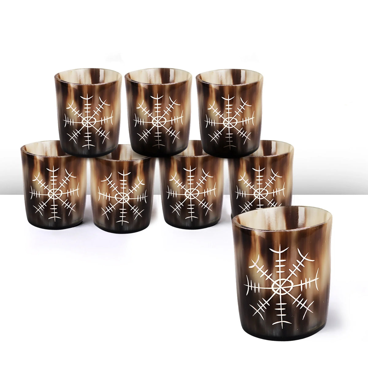 Whiskey Shot Cups Set Nordic Compass Pattern Real Ox Horn 6.5 oz, Pack 4, 8 &amp; 12