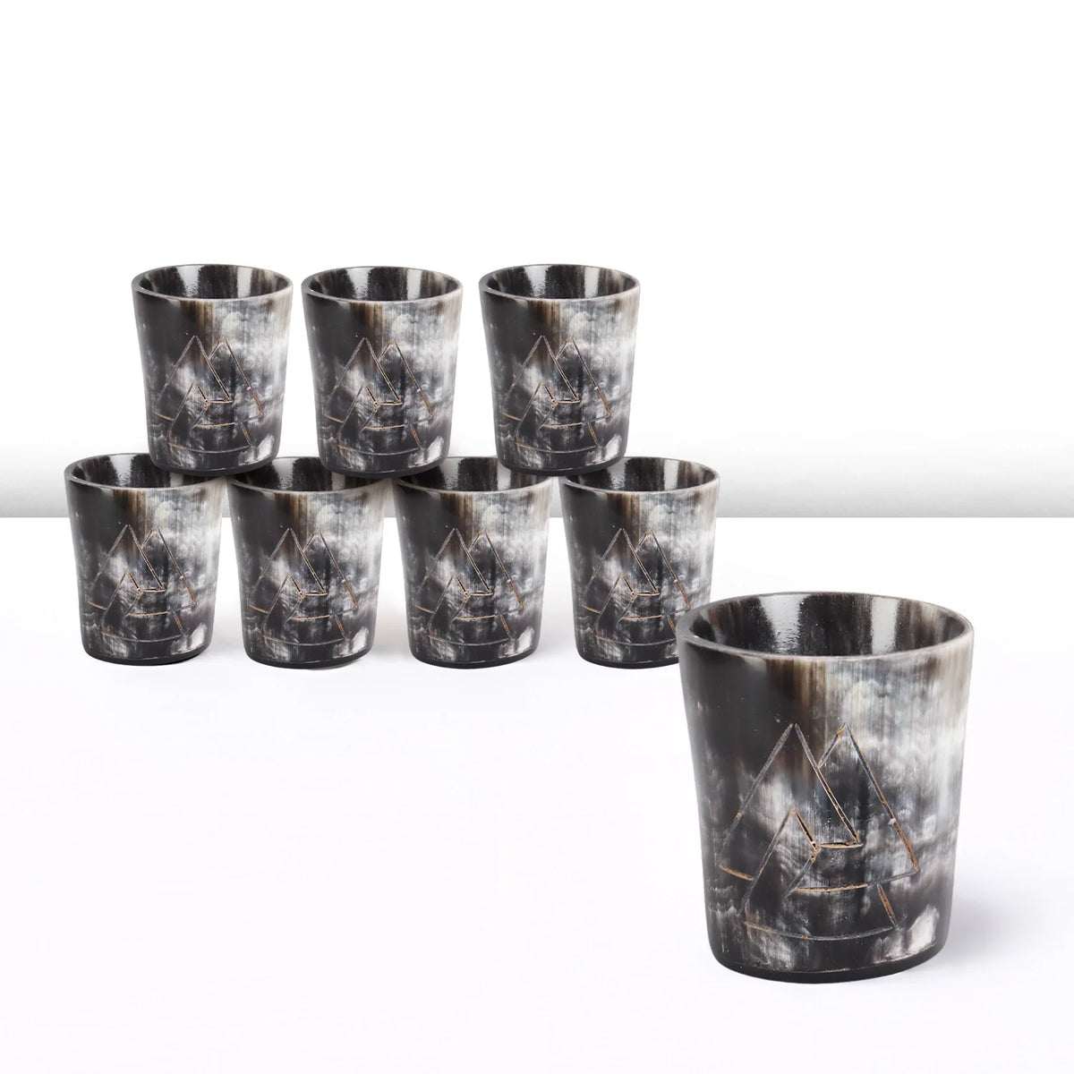 Whiskey Shot Cups Set Odin Pattern Real Ox Horn 6.5 oz, Pack 4, 8 &amp; 12