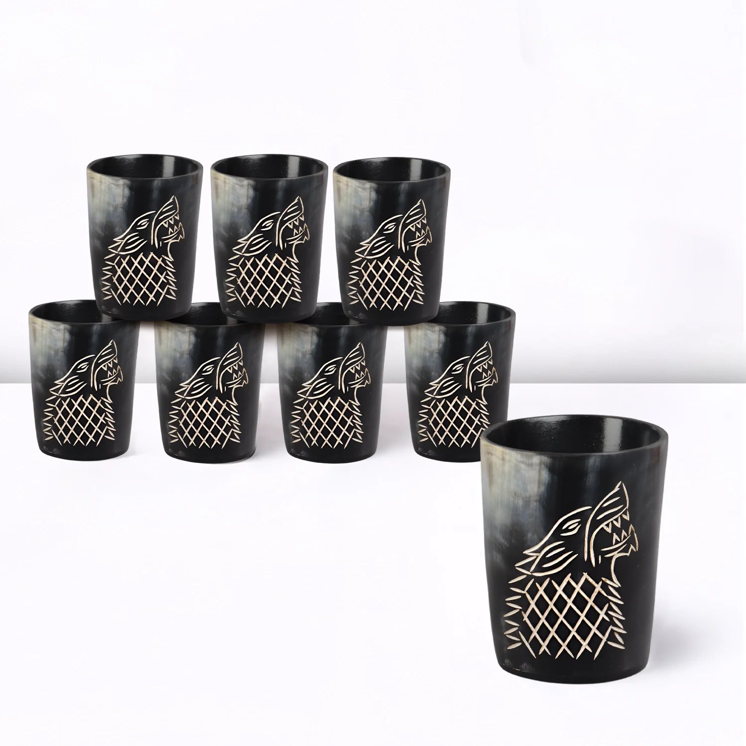 Whiskey Shot Cups Set Viking Wolf Pattern Real Ox Horn 6.5 oz, Pack 4, 8 &amp; 12