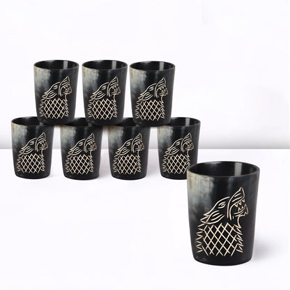 Whiskey Shot Cups Set Viking Wolf Pattern Real Ox Horn 6.5 oz, Pack 4, 8 &amp; 12