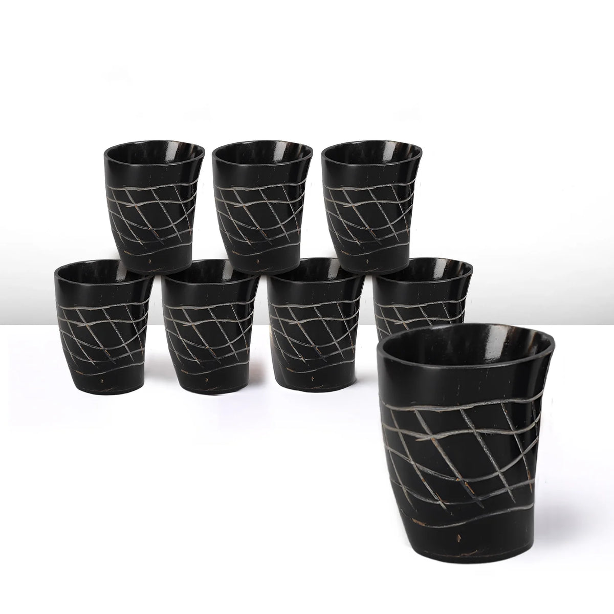 Whiskey Shot Cups Set Web Pattern Real Ox Horn 6.5 oz, Pack 4, 8 &amp; 12