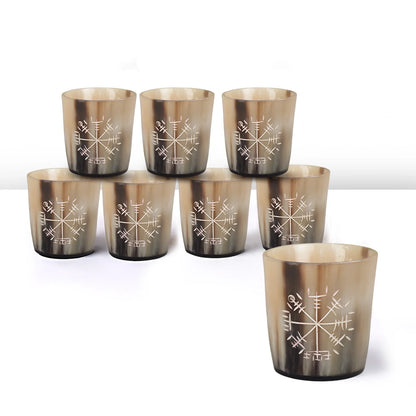 Whiskey Shot Cups Set Wayfinder Pattern Real Ox Horn 6.5 oz, Pack 4, 8 &amp; 12