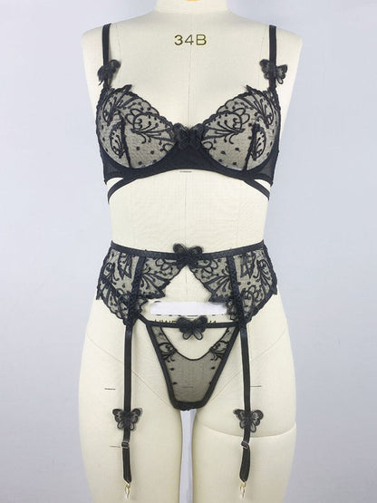 3D Butterfly Black Embroidery Sexy See-through Bra Panties Garter Sexy Lingerie Three-piece Set