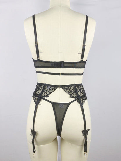 3D Butterfly Black Embroidery Sexy See-through Bra Panties Garter Sexy Lingerie Three-piece Set